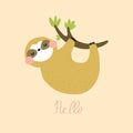 Hello. cartoon sloth, hand drawing lettering . Flat vector illustration for kids. animal theme. hand drawn.